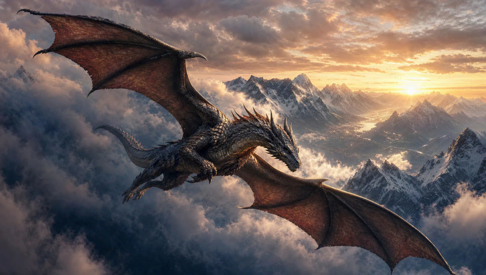 Dragon in flight over a mountain range