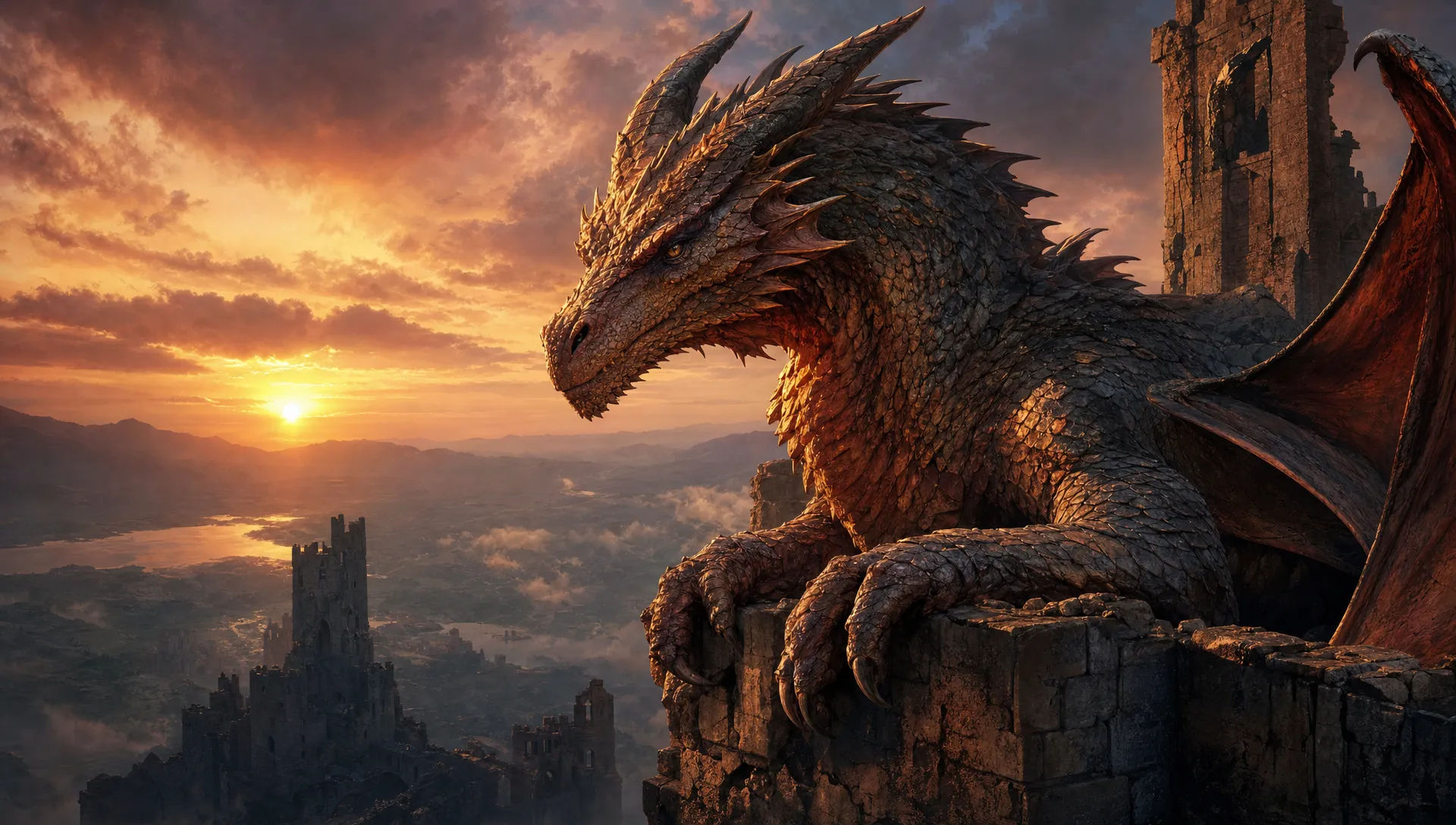 Dragon perché sur une tour en ruine au coucher du soleil