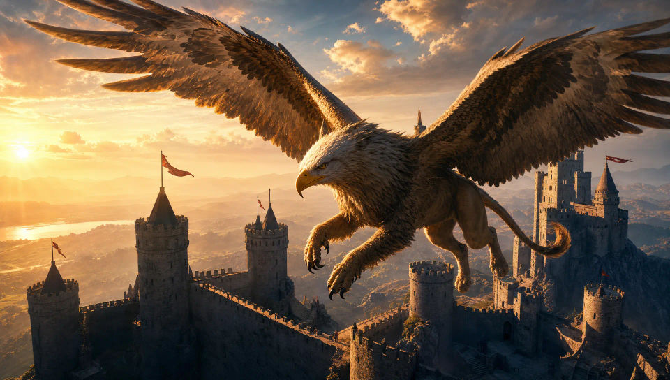 Griffin in flight over a castle