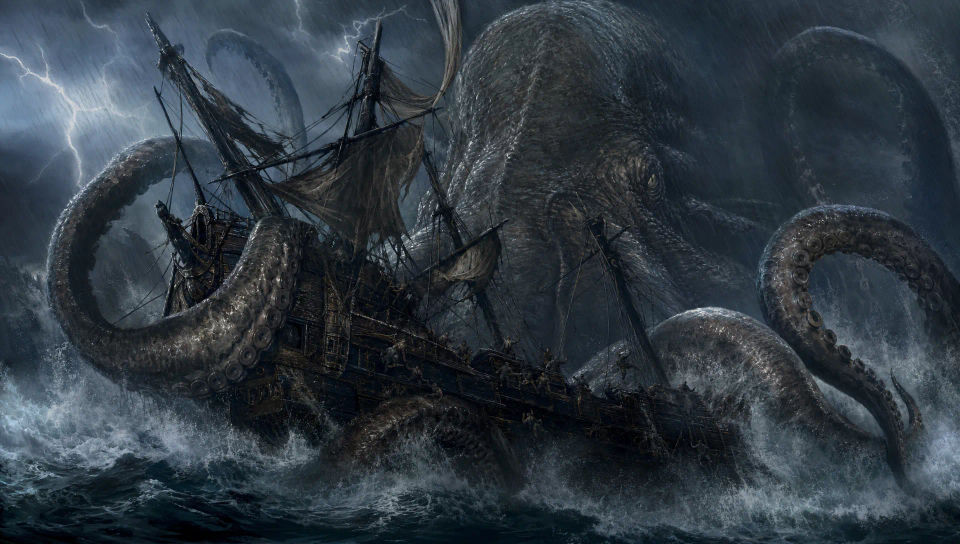 Kraken dragging a galleon under