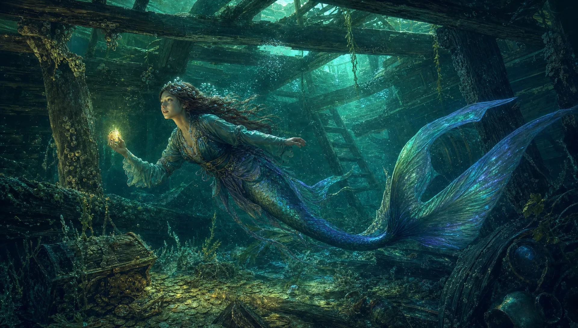 Mermaid in a glowing deep-sea trench