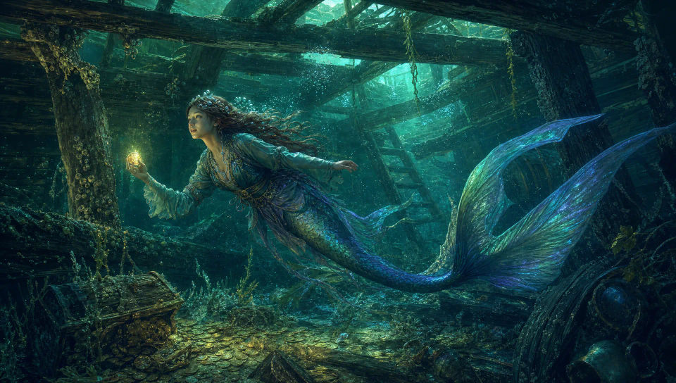 Mermaid in a glowing deep-sea trench