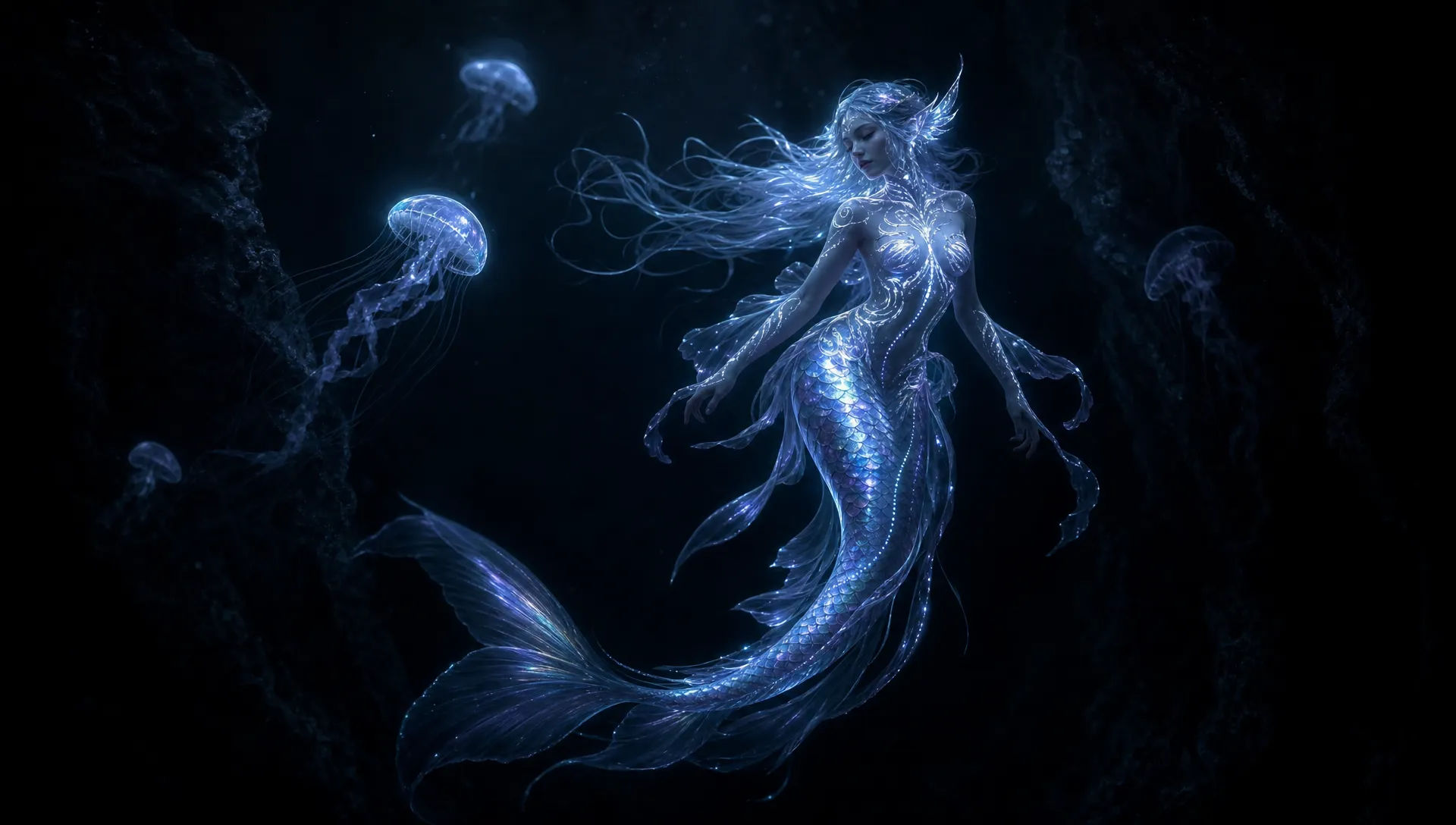 Mermaid resting on a storm-washed rock