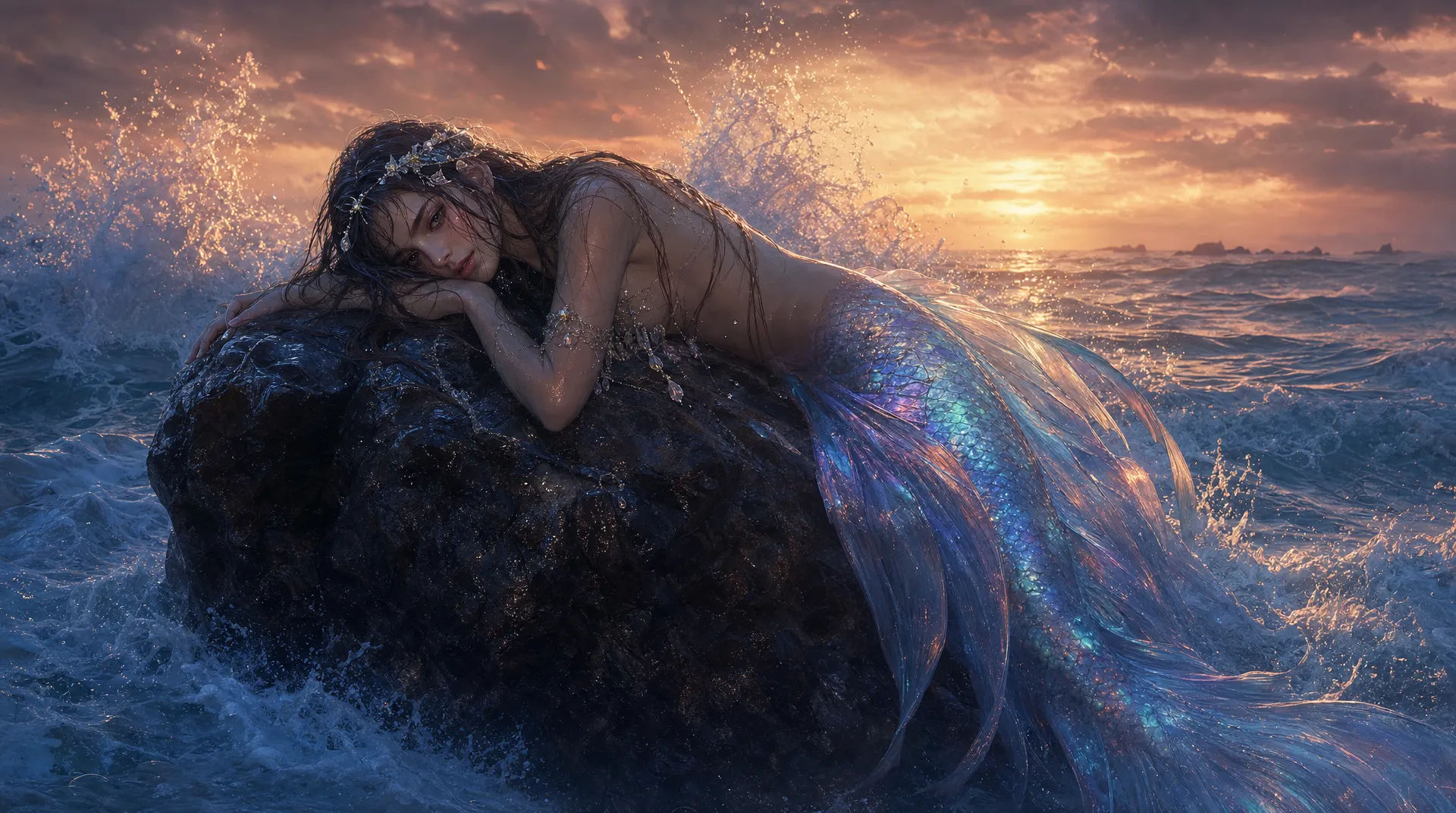 Mermaid among a sunlit coral reef