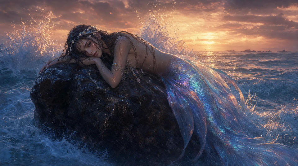 Mermaid among a sunlit coral reef