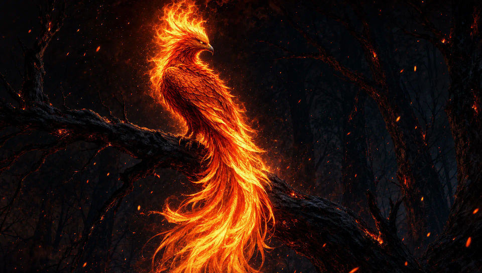 Phoenix perched on a charred branch at night