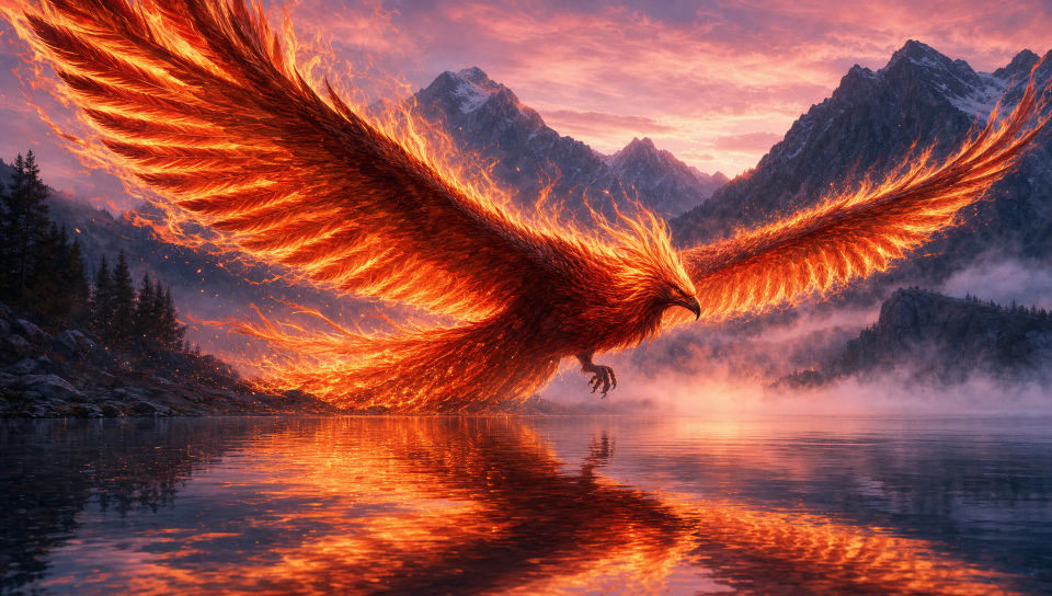 Phoenix over a mirror-still lake at dawn
