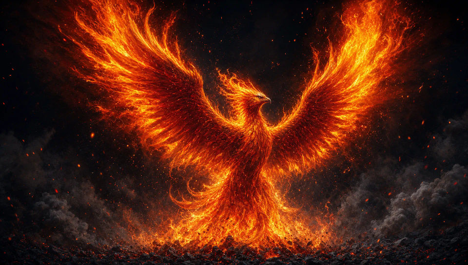 Phoenix rising from a bed of ash