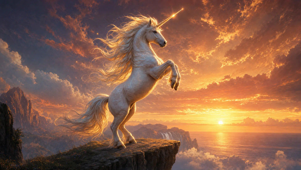 Unicorn rearing on a cliff at sunset