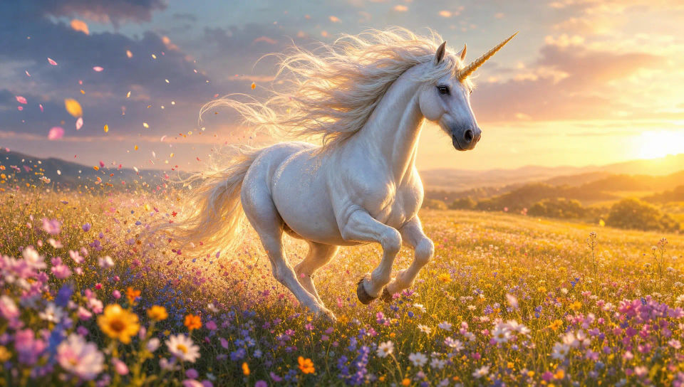 Unicorn galloping through a flower field