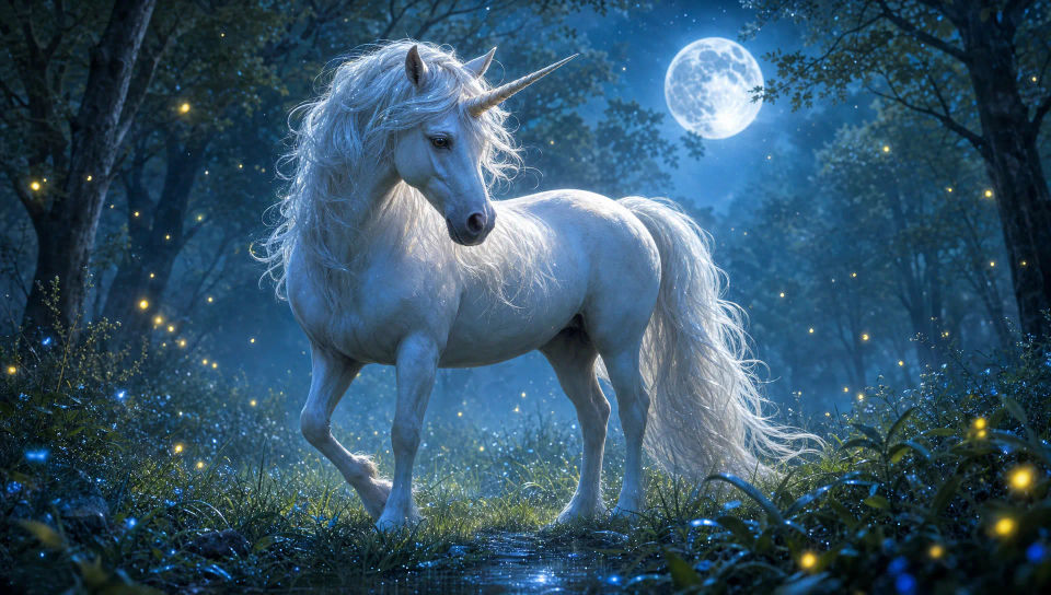 Unicorn in a moonlit forest glade