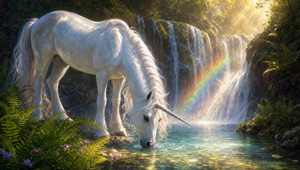 Unicorn at a waterfall pool