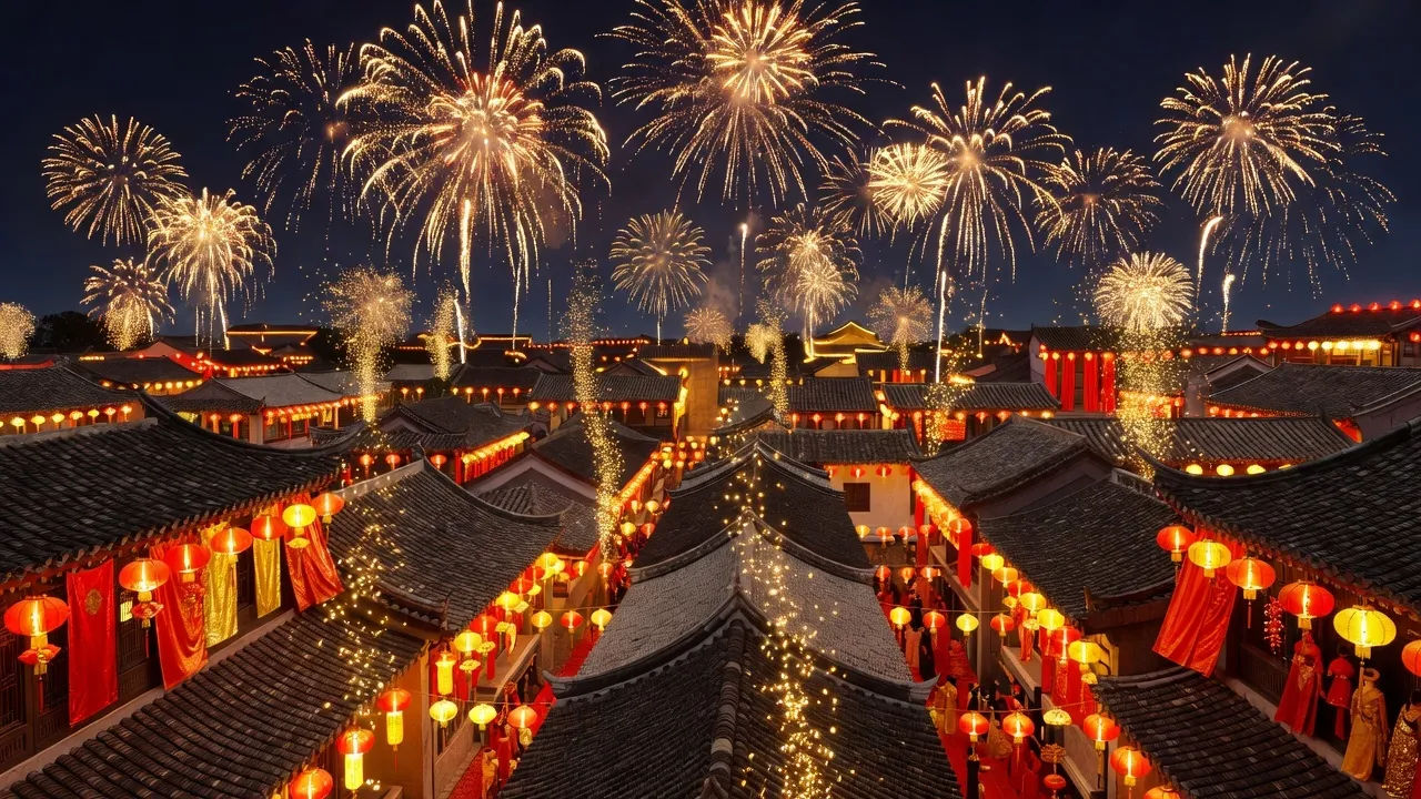 Rooftop fireworks panorama