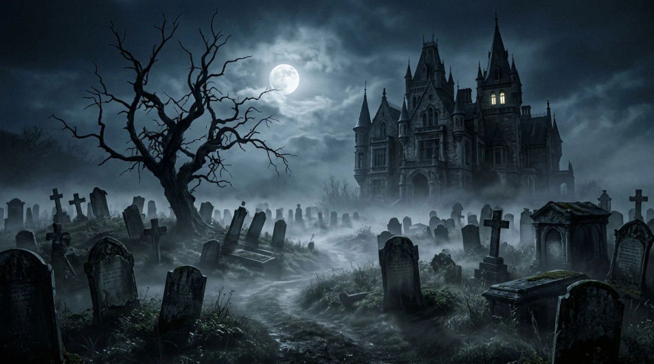 Foggy graveyard below the mansion