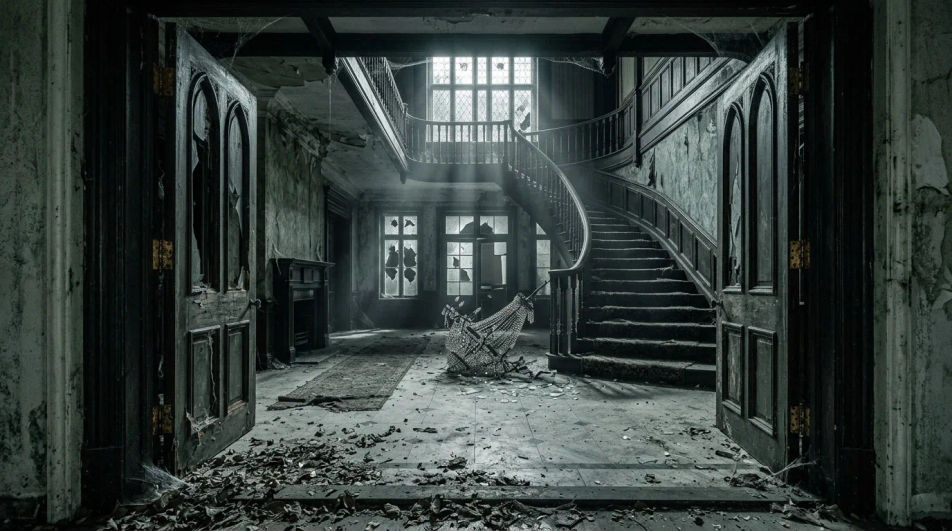 Abandoned hall through the front doors