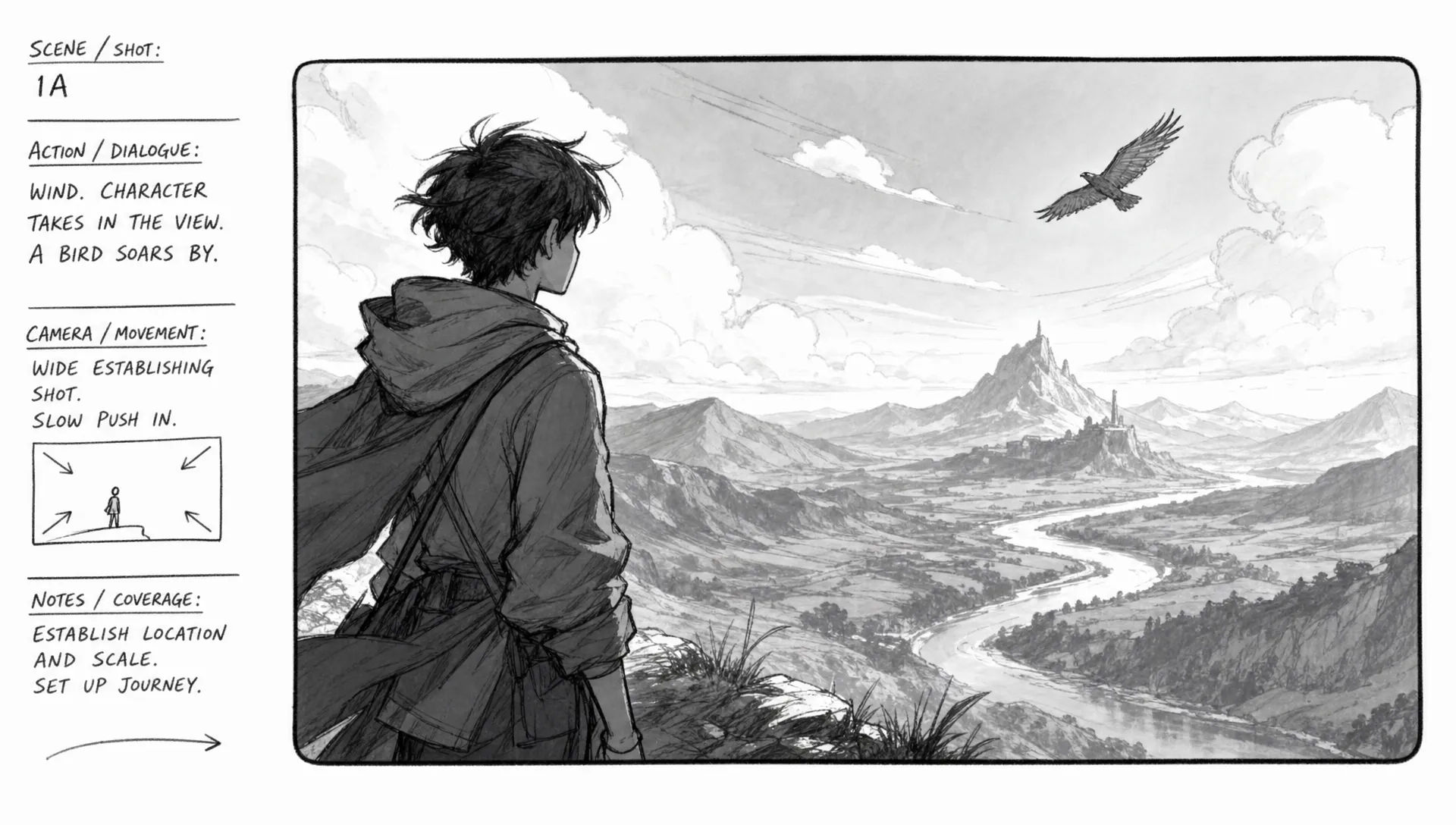 Single panel with camera and action notes