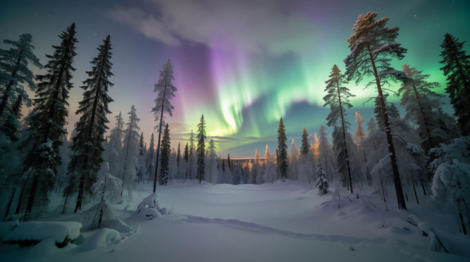 Aurora über Waldlichtung