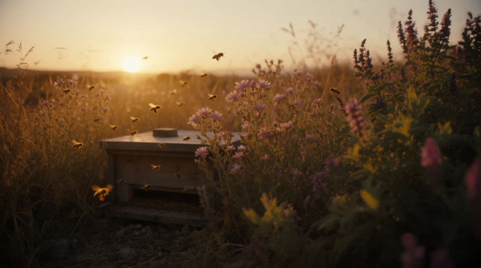 Rückkehr zum Bienenstock bei Sonnenuntergang