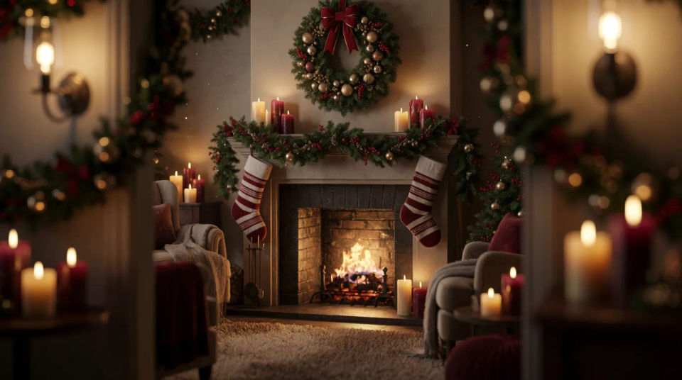Festive fireplace setting
