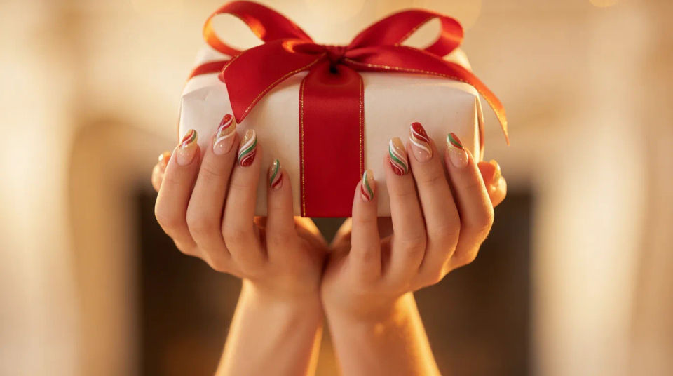 Manicured hands holding gift