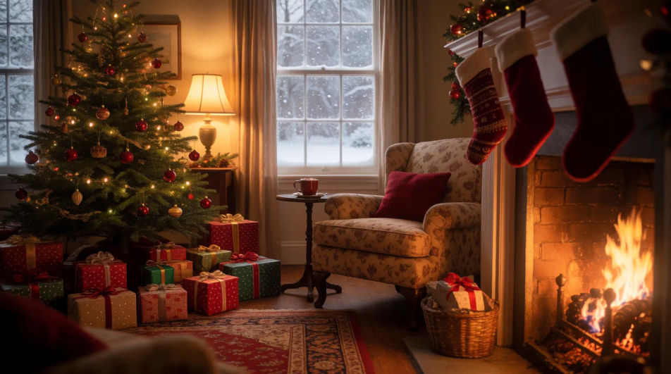 Cozy living room on Christmas Eve