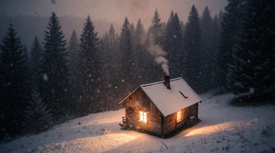 Snowy cabin at dusk