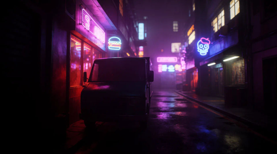 Neonbeleuchtete Innenstadt bei Nacht