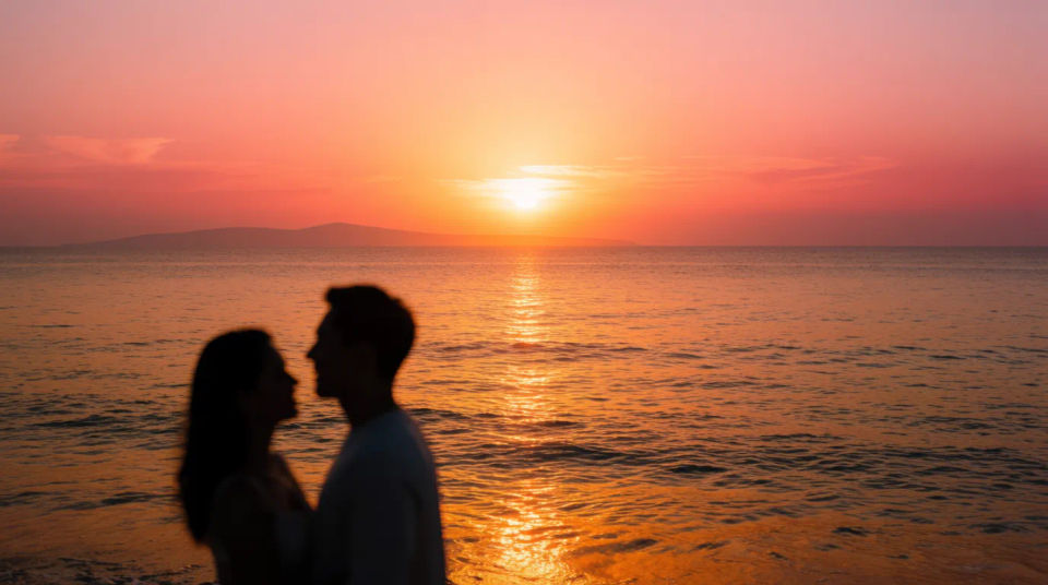 Strandumarmung im Sonnenuntergang