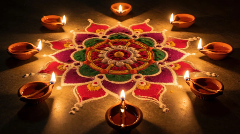 Rangoli mit Lichtern