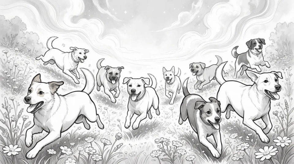 Dogs in field with flowers