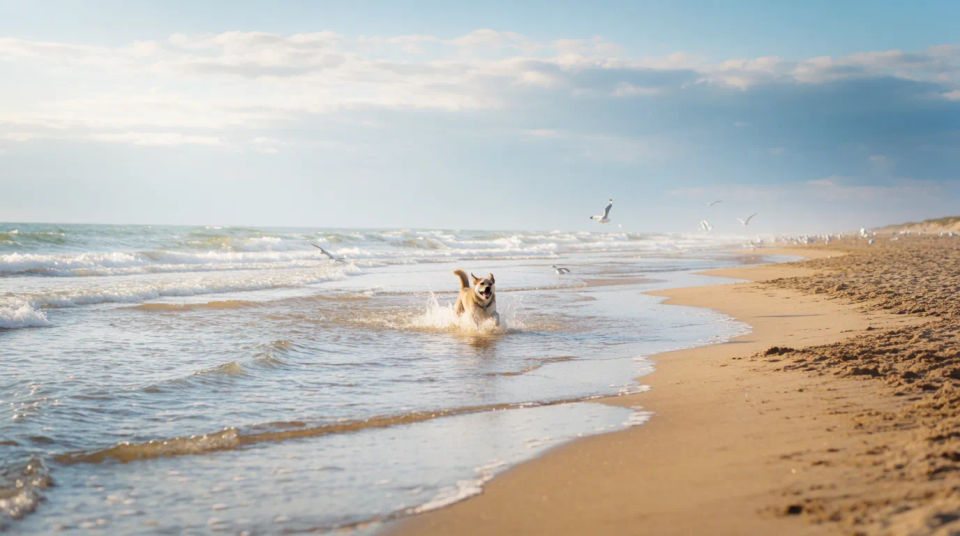 Hund spielt am Strand