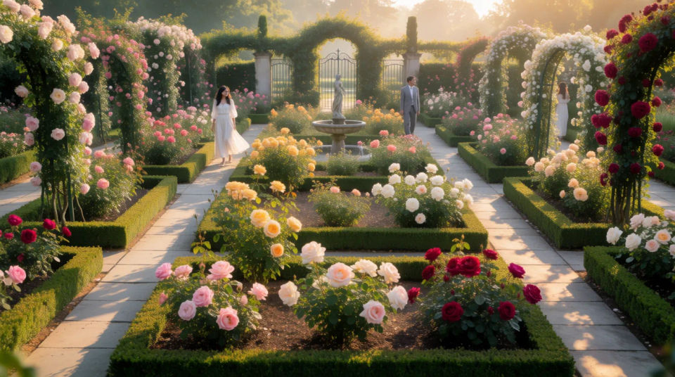 Formaler Garten mit gezogenen Rosen