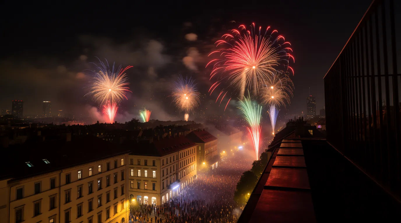 Midnight fireworks over city