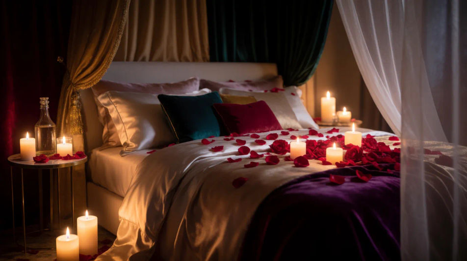 Bedroom with rose petals
