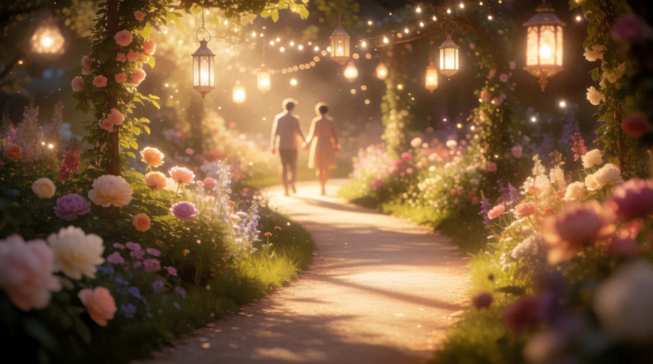 Garden path lined with lights