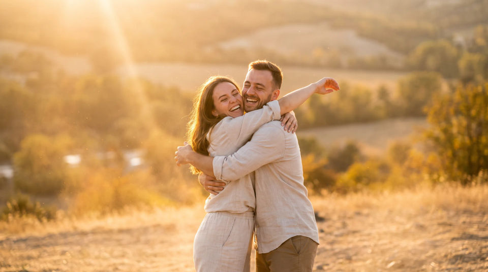 Joyful reunion hug