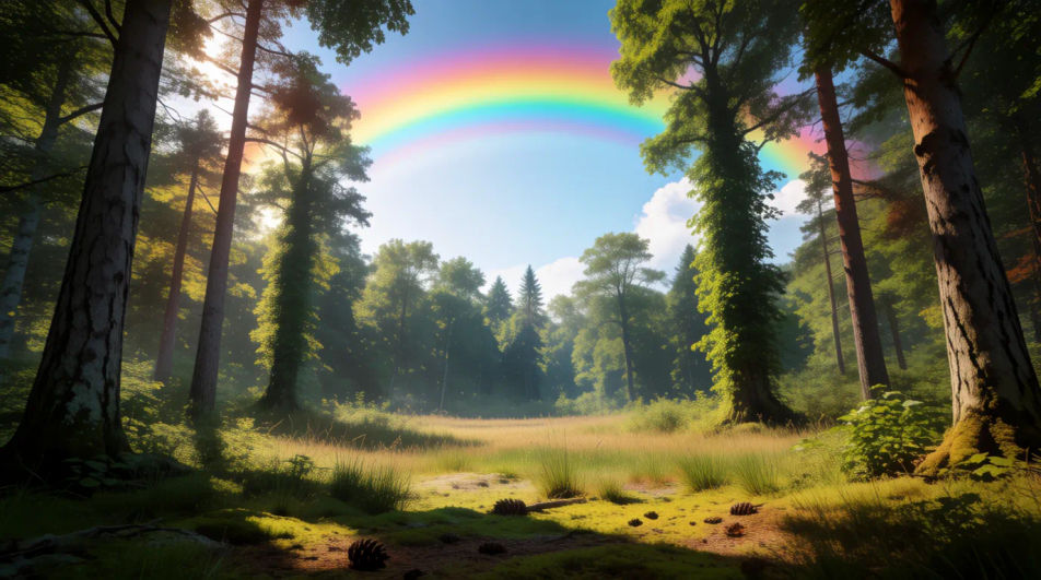 Rainbow in forest clearing