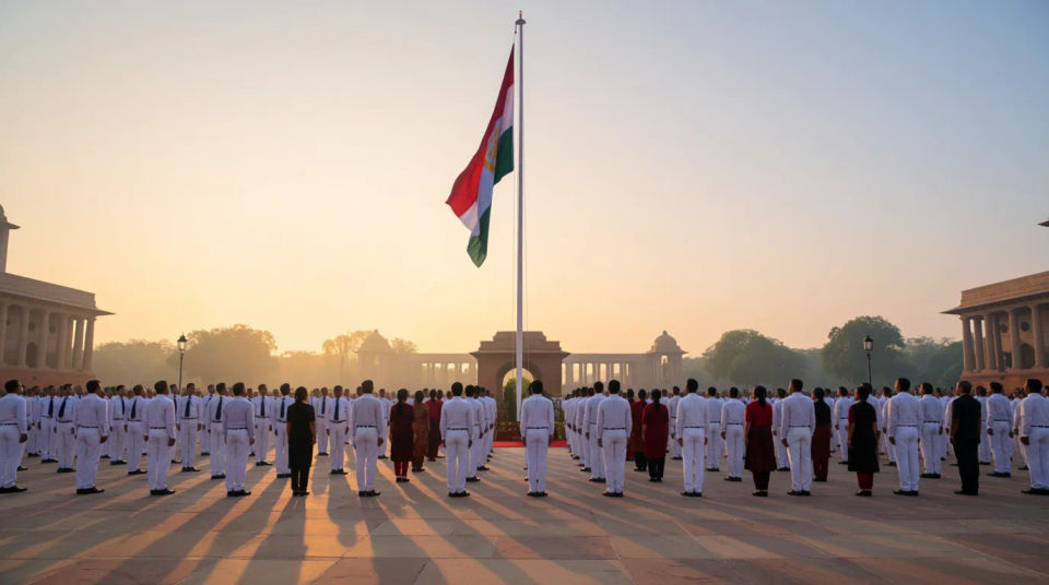 Flag hoisting at dawn