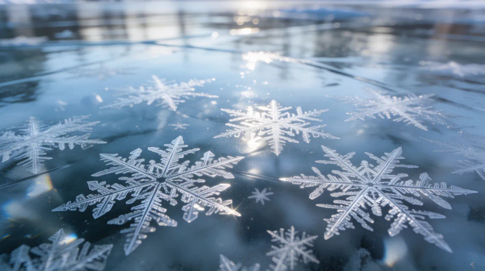 Snowflakes on ice