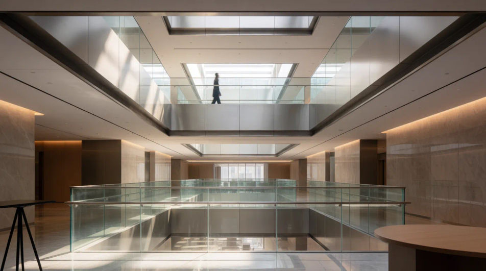 Modern office atrium at midday
