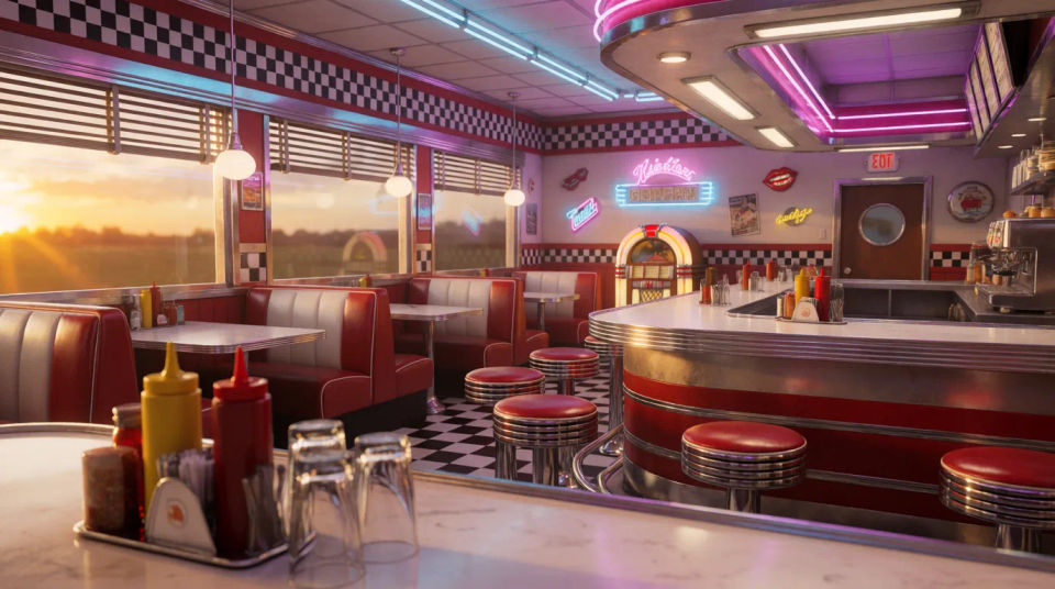 Retro-Diner bei Sonnenuntergang