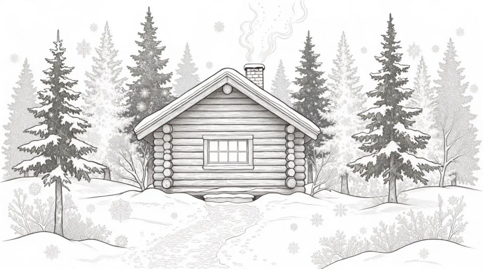 Winter cabin scene