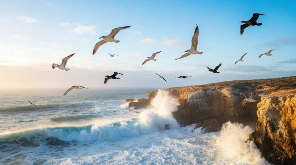 Pájaros sobre el mar