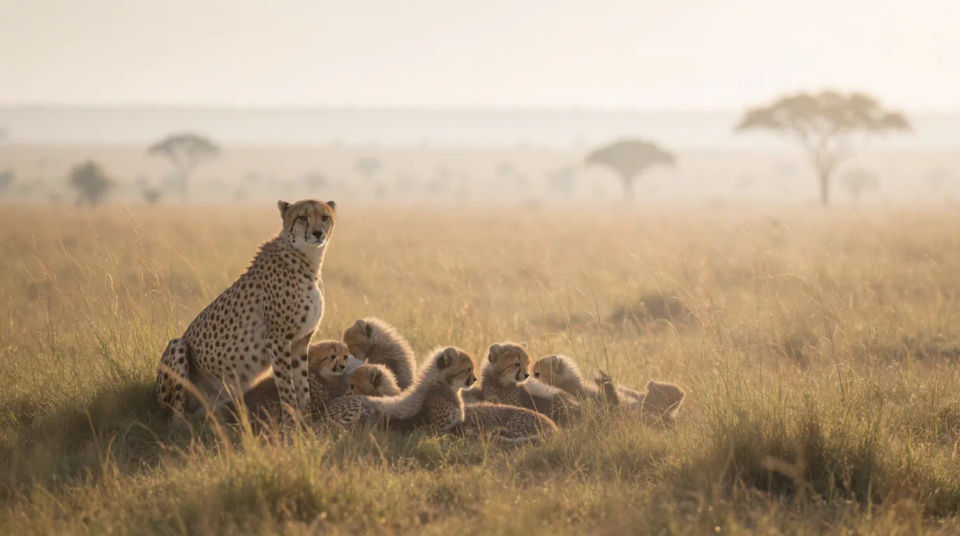 Familia de guepardos en la hierba