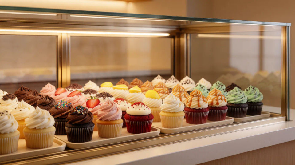 Bäckereivitrine mit Cupcakes