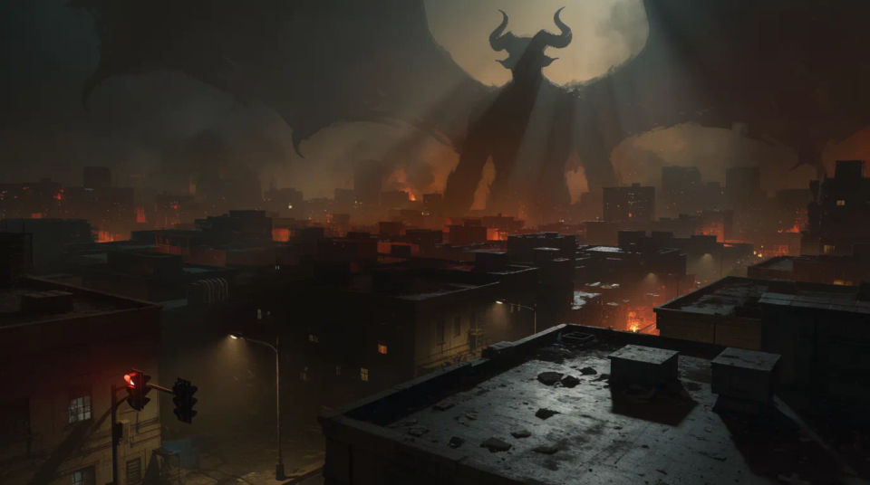 Diablo sobre una ciudad en llamas