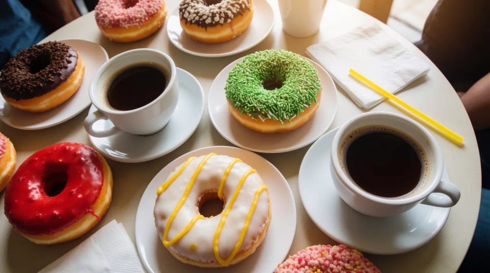 Mesa de donuts y café