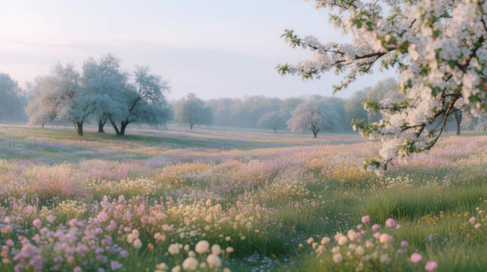 Pradera de primavera al amanecer