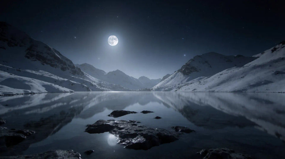 Moonlit mountain lake