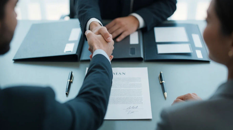 Escena de firma de contrato